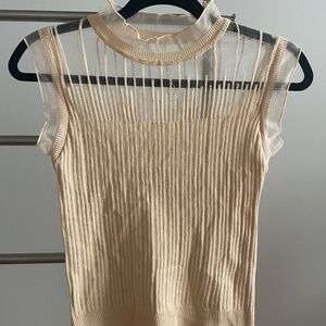 Funnel neck sleeveless lace top in beige size 0/XS